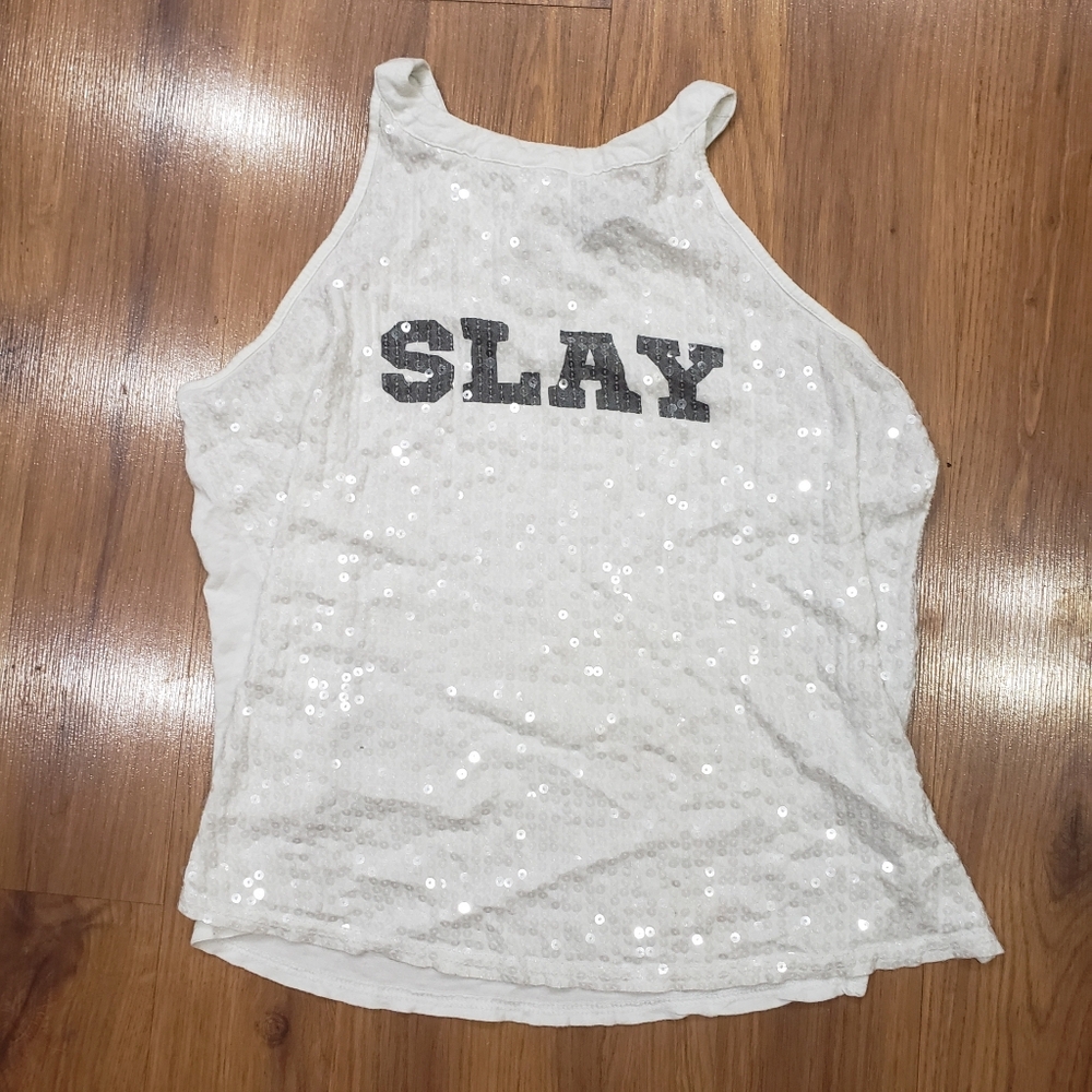 White Sequin Tank Top with 'SLAY' Print!